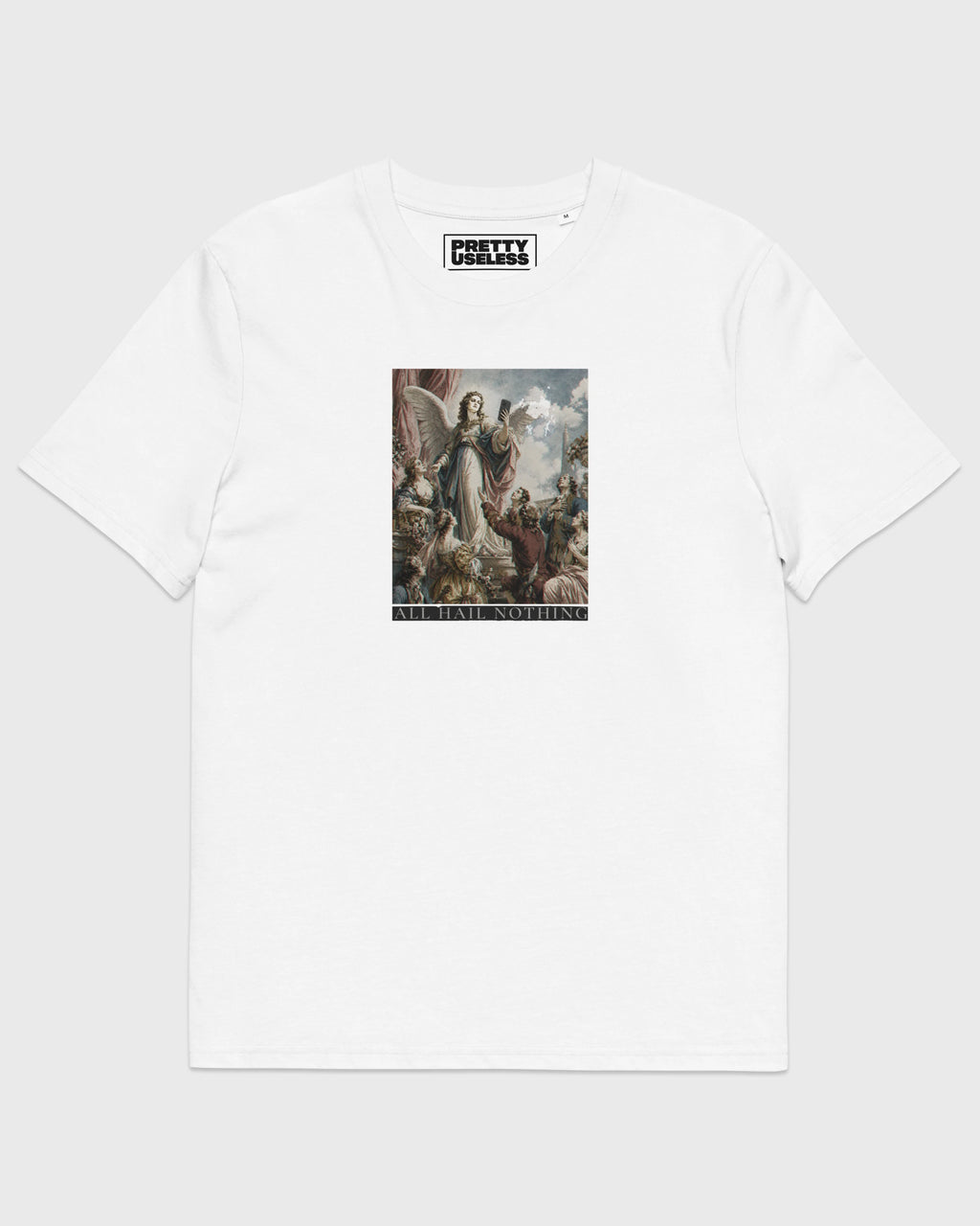 Frontansicht eines weißen PRETTY USELESS T-Shirts mit Engelsmotiv und ALL HAIL NOTHING Print auf der Brust.